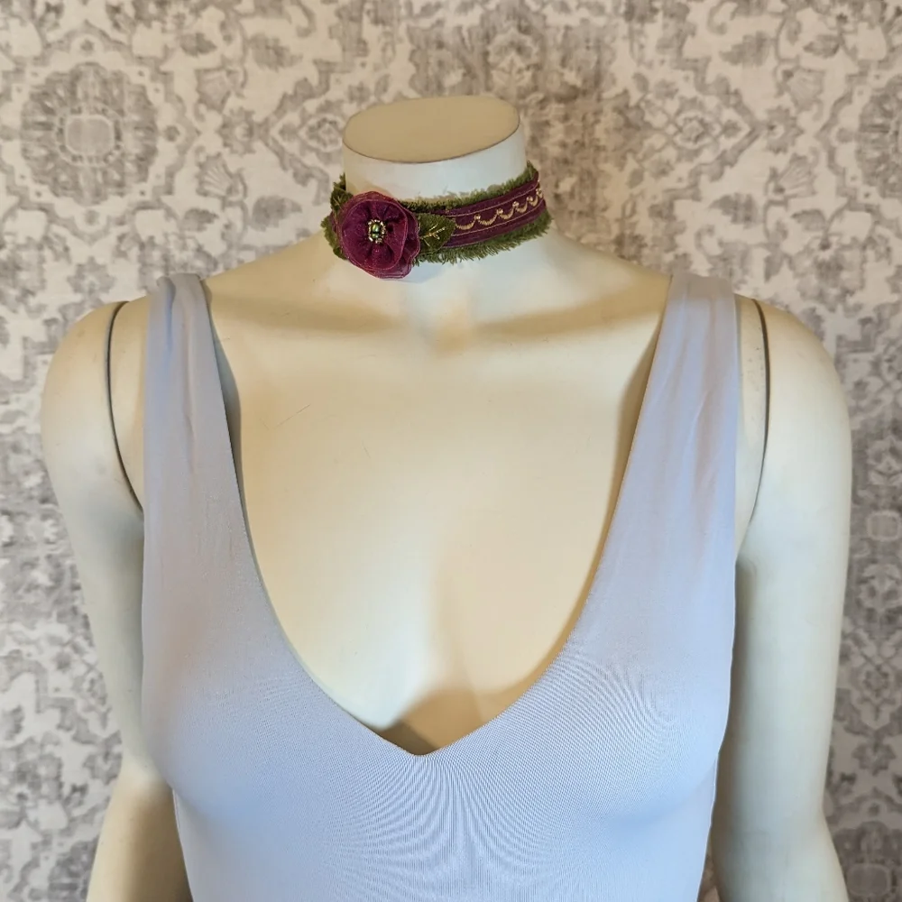 Handmade Jewel Tone Rosette Plum and Olive Green Chiffon & Velvet Floral Choker - Picture 6 of 10